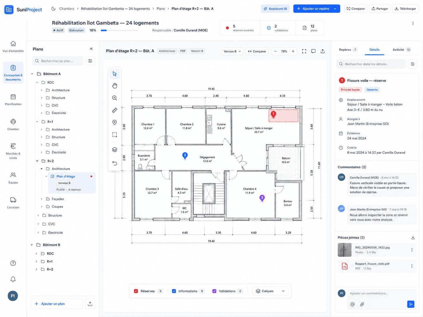Plan d'étage dans Planova avec réserves, annotations et panneau de détails.