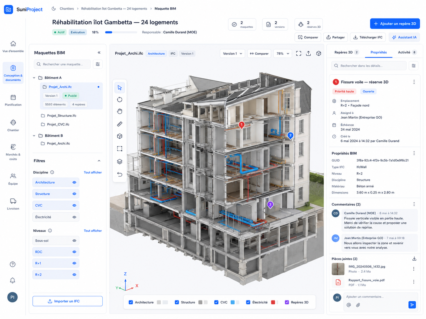 Maquette BIM avec repères 3D, propriétés et commentaires dans Planova