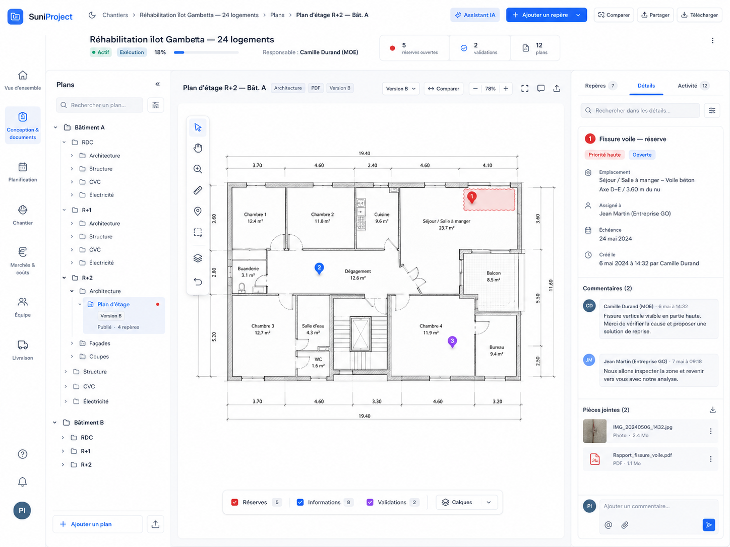 Plan d'étage avec réserves, annotations et panneau de détails dans Planova